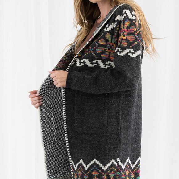 Western Cowichan Inspired Tribal Print Hooded Cardigan - Picture 7 of 11